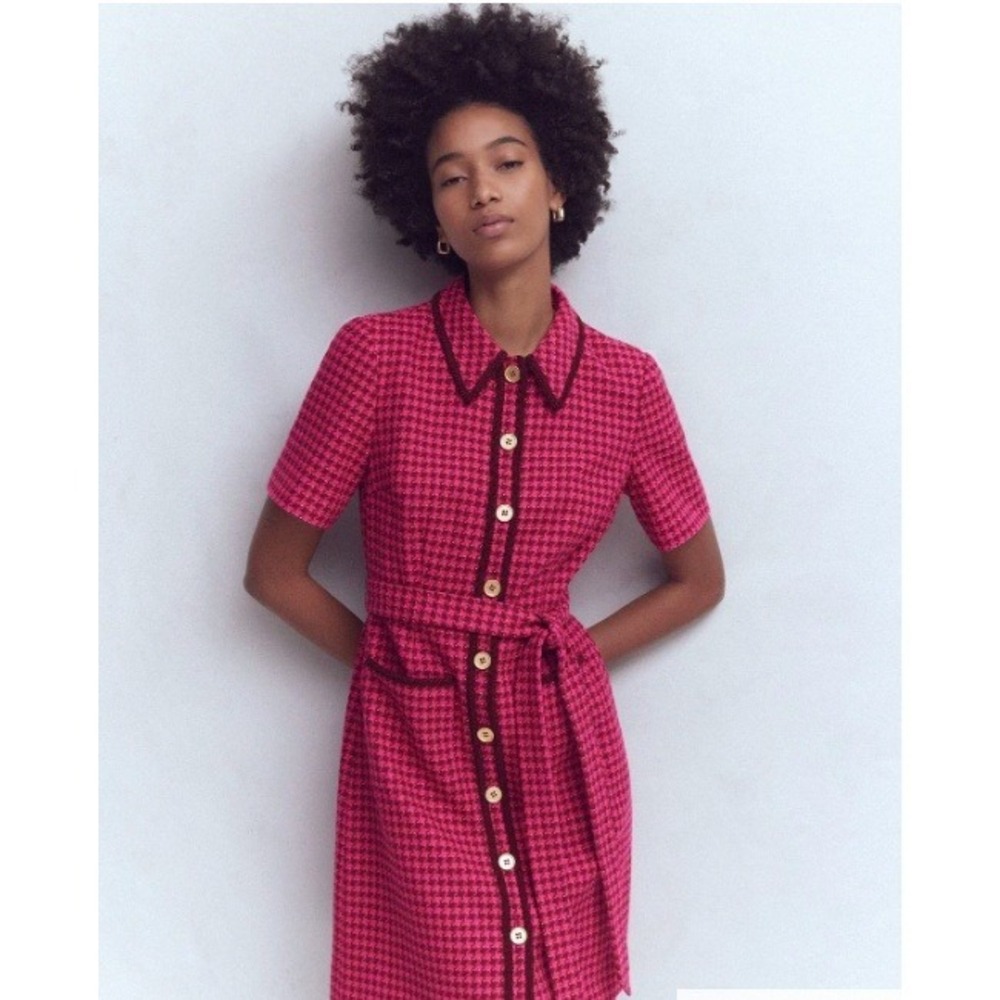 Boden Pink Houndstooth Tweed Mini Dress Short Sleeve Button Front Belted | 12L - Picture 3 of 6